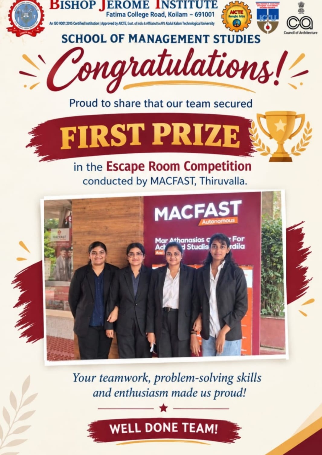 Triumph at MACFAST: Bishop Jerome Institute Students Secure First Prize in Escape Room Competition